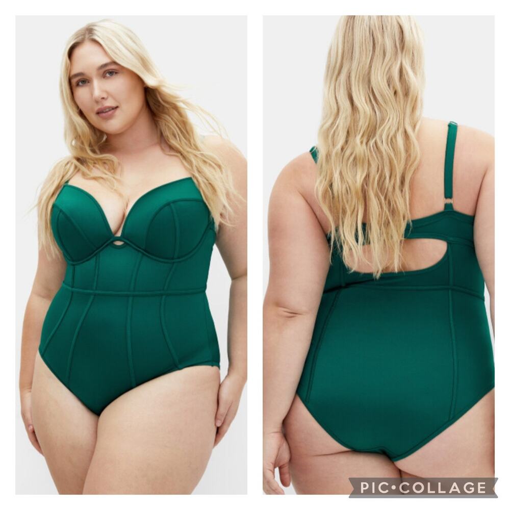 City Chic Grenada One Piece Paneled Swim Suit Underwire Emerald Green Size 22
